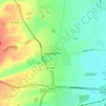 Carte topographique Leasingham, altitude, relief
