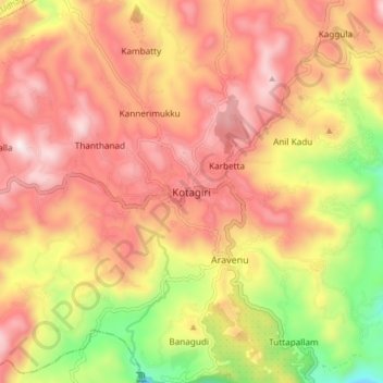 Carte topographique Kotagiri, altitude, relief
