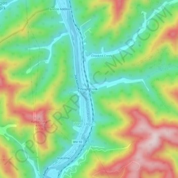 Carte topographique Peach Creek, altitude, relief