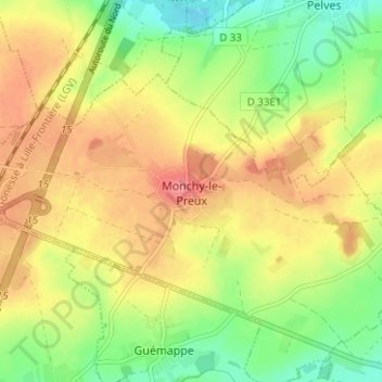Carte topographique Monchy-le-Preux, altitude, relief