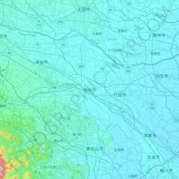 Carte topographique Kumagaya, altitude, relief