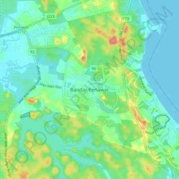 Carte topographique Bandar Penawar, altitude, relief