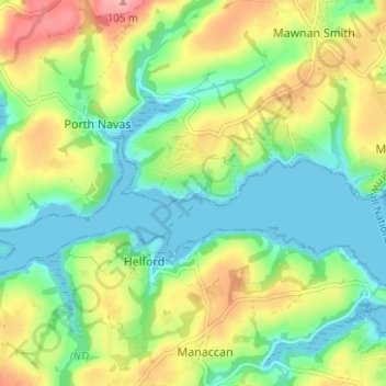 Carte topographique Helford Passage, altitude, relief