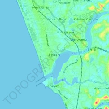 Carte topographique Beypore, altitude, relief