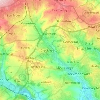 Carte topographique Cleckheaton, altitude, relief