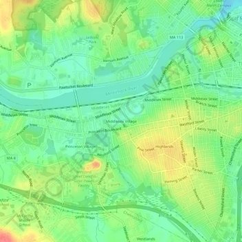 Carte topographique Middlesex Village, altitude, relief