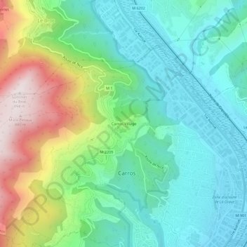 Carte topographique Carros-Village, altitude, relief
