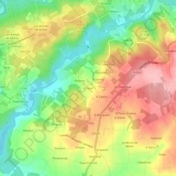 Carte topographique O Casal, altitude, relief