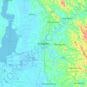 Carte topographique Kottayam, altitude, relief