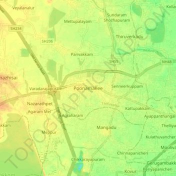 Carte topographique Poonamallee, altitude, relief