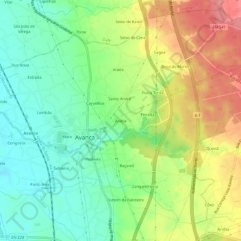 Carte topographique Aldeia, altitude, relief
