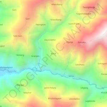 Carte topographique Koral, altitude, relief