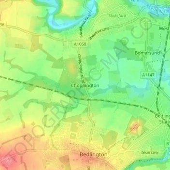 Carte topographique Choppington, altitude, relief