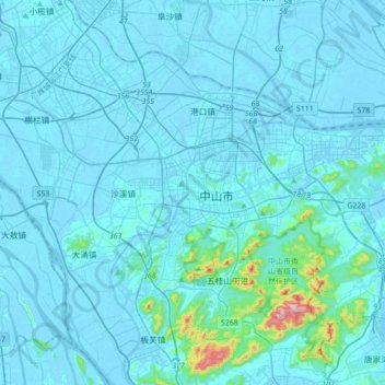 Carte topographique Zhongshan, altitude, relief