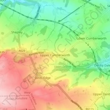 Carte topographique Upper Cumberworth, altitude, relief