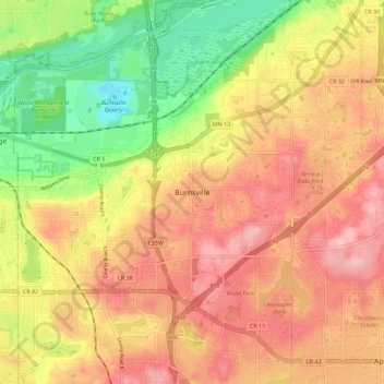 Carte topographique Burnsville, altitude, relief
