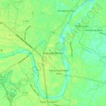 Carte topographique Kubang Kerian, altitude, relief