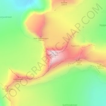 Carte topographique Galdhøpiggen, altitude, relief