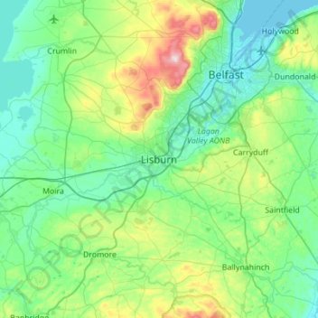 Carte topographique Lisburn, altitude, relief