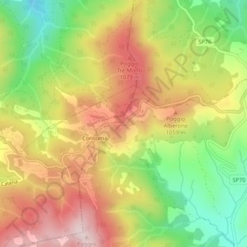Carte topographique Passo della Consuma, altitude, relief