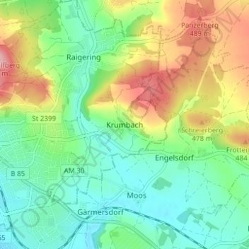 Carte topographique Krumbach, altitude, relief