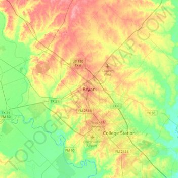 Carte topographique Bryan, altitude, relief