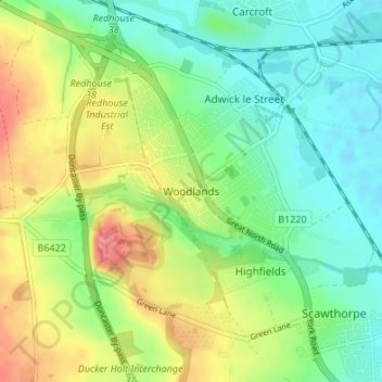 Carte topographique Woodlands, altitude, relief