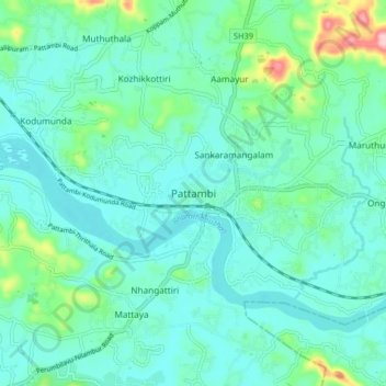 Carte topographique Pattambi, altitude, relief