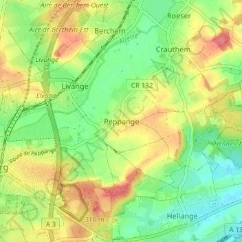 Carte topographique Peppange, altitude, relief
