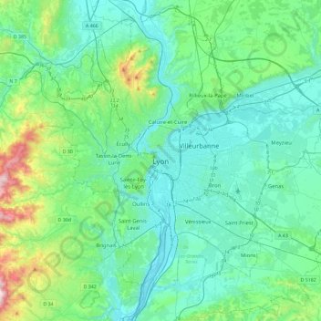 Carte topographique Lyon, altitude, relief