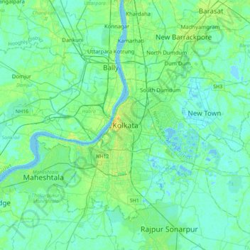 Carte topographique Kolkata, altitude, relief