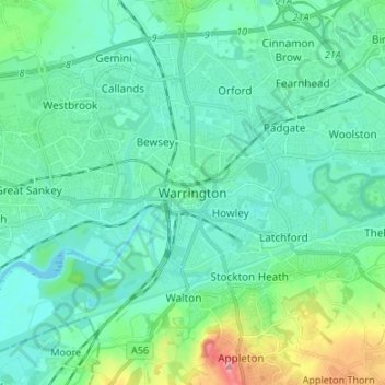 Carte topographique Warrington, altitude, relief
