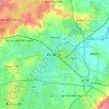 Carte topographique Wickford, altitude, relief