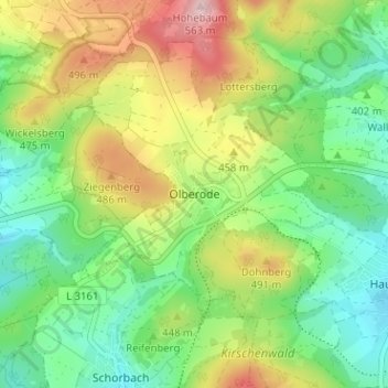 Carte topographique Olberode, altitude, relief