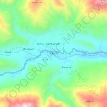 Carte topographique Drass, altitude, relief