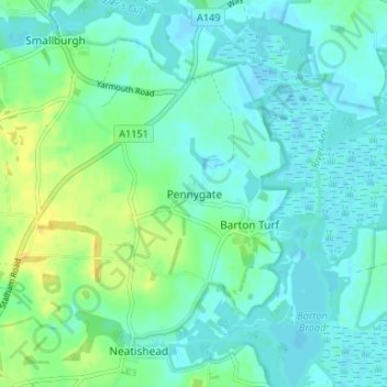 Carte topographique Pennygate, altitude, relief