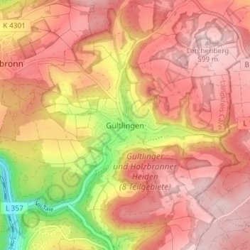 Carte topographique Gültlingen, altitude, relief