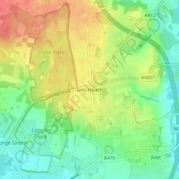 Carte topographique Iver Heath, altitude, relief