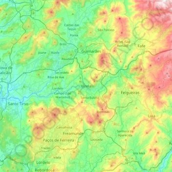 Carte topographique Vizela, altitude, relief
