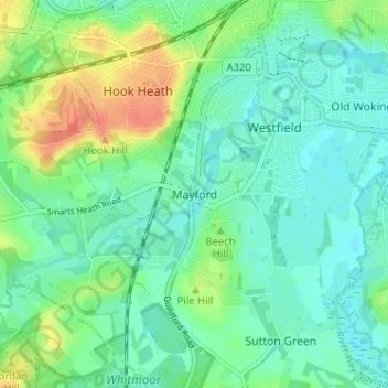 Carte topographique Mayford, altitude, relief