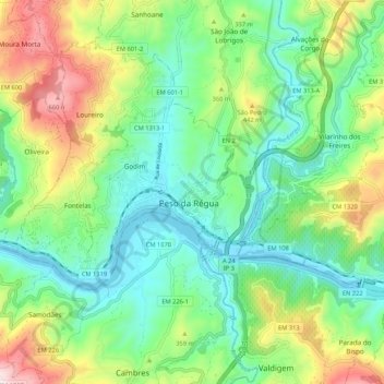Carte topographique Peso da Régua, altitude, relief