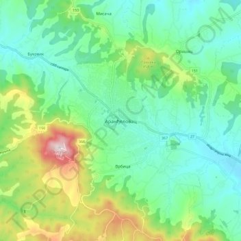 Carte topographique Аранђеловац, altitude, relief