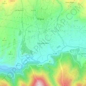 Carte topographique Pago y Benisalte, altitude, relief