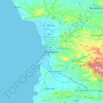 Carte topographique Mayagüez, altitude, relief