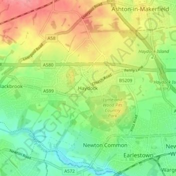 Carte topographique Haydock, altitude, relief