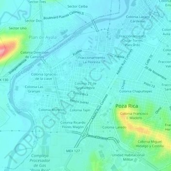Carte topographique Colonia 27 de Septiembre, altitude, relief