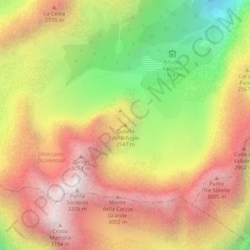 Carte topographique Gusela del Rifugio, altitude, relief
