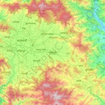 Carte topographique Bhaktapur, altitude, relief