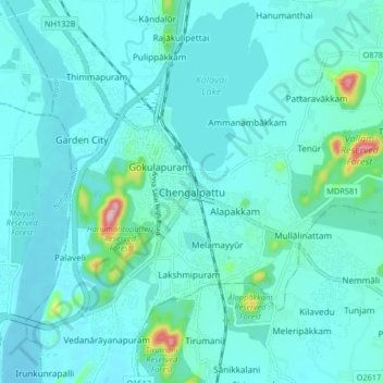 Carte topographique Chengalpattu, altitude, relief
