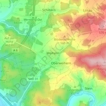 Carte topographique Weihern, altitude, relief